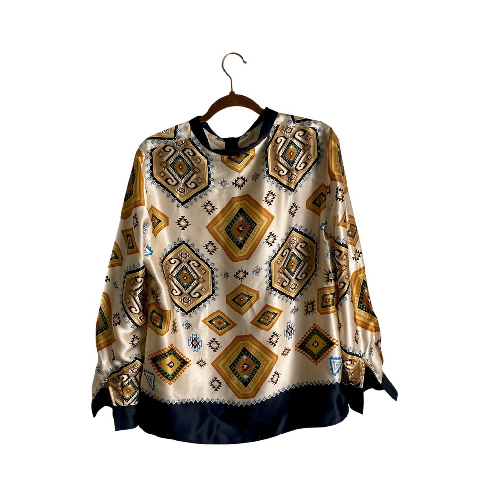 VTG Luisa Spagnoli Silk Blouse L Bow Aztec Geometric Southwestern 80s 90s *FLAWS - Picture 7 of 7